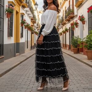 #A116   Nancy  Black Tiered Pearlcore Maxi Skirt mesh tulle NWT size M